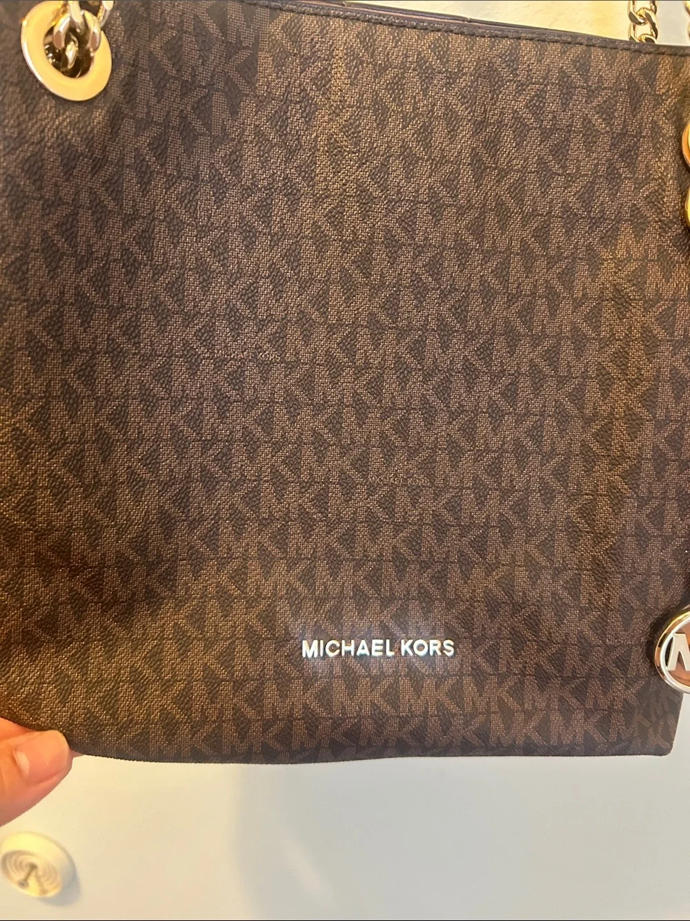 Michael Kors Dark Brown Signature Chain-Handle Tote